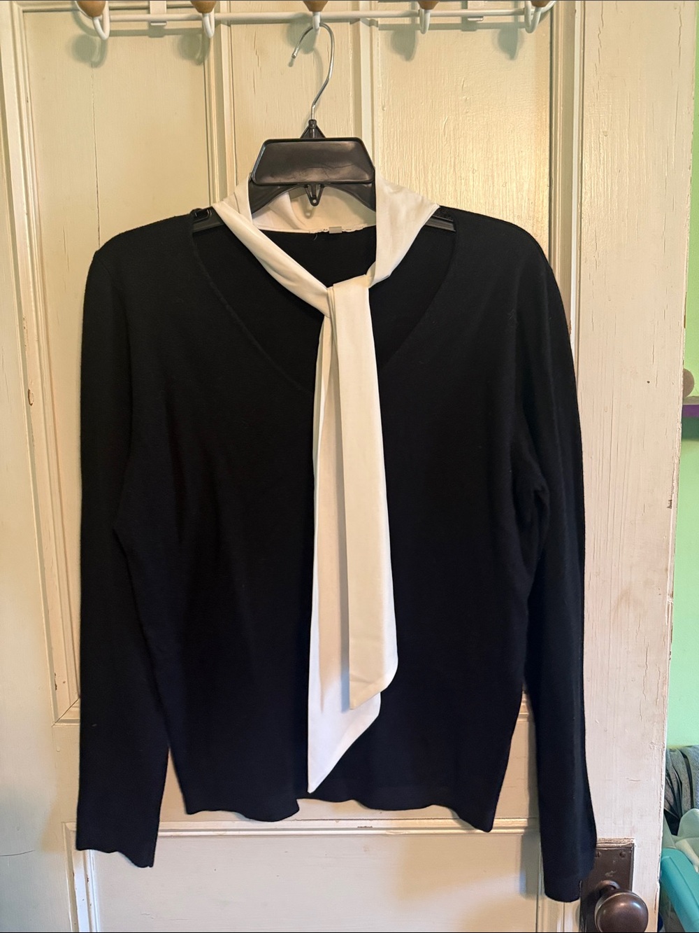 Women's Black Long-Sleeve Top with White Scarf Tie